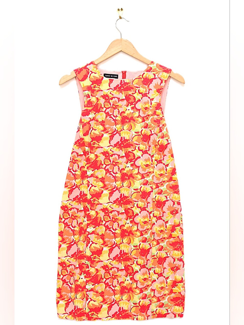 Vintage 90s Floral Shift Dress Hibiscus Pink Red Size S Retro Mod Y2K